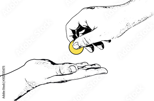 Banner for the eradication of poverty, empty hand and helping hand with coin, financial support concept. First paragraph of the Sustainable Development Goals. Isolated sketch, vector illustration SDG
