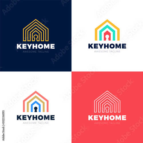 Home Protection Vector Logo Set, House And Key Hole Icon