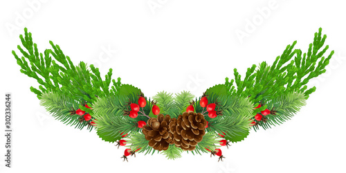 Christmas wreath with bump, fir branches, cypress, red rosehip berries Christmas decorations. design for poster, print .