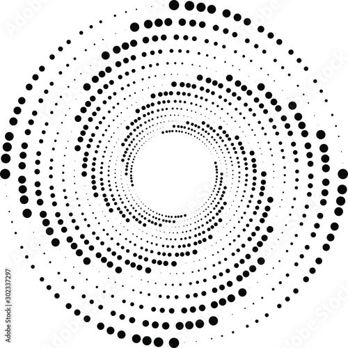 Abstract halftone dots in spiral form. Geometric dotted shape. Monochrome background. Design element for prints, web pages, template, logos and textile pattern