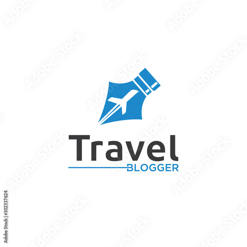 Pen and plane logo for travel Blogger design template