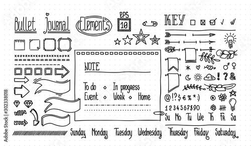 Bullet journal and diary elements set on dot texture. Cute Hand drawn Doodle Banners for notebook. Numbers and days of week: Sunday, Monday, Tuesday, Wednesday, Thursday, Friday, Saturday.