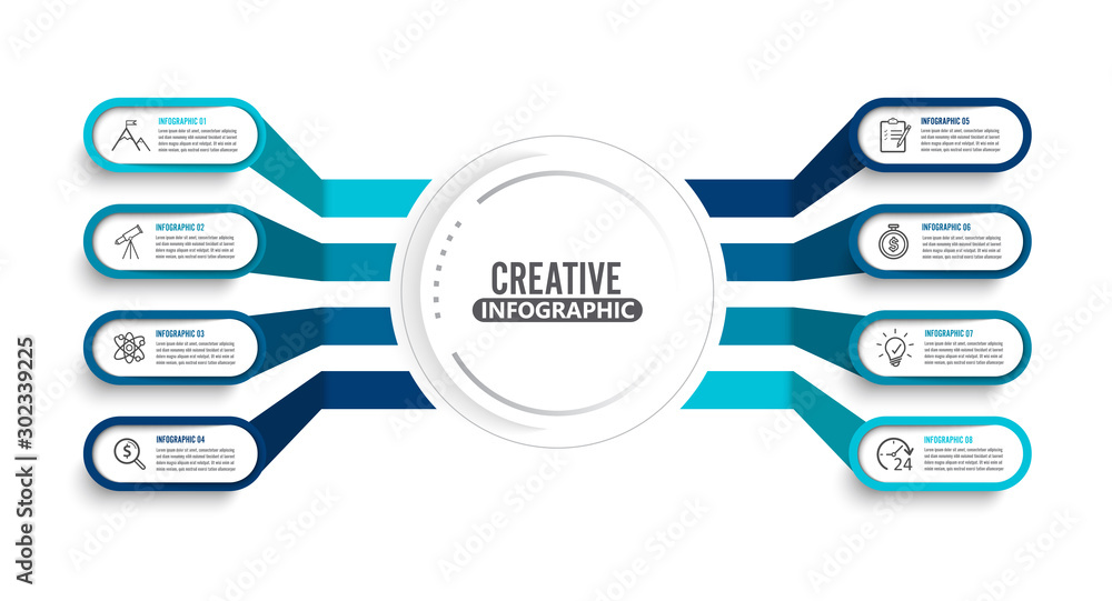 Vector infographic template with 3D paper label, integrated circles. Business concept with 8 options. For content, diagram, flowchart, steps, parts, timeline infographics, workflow, chart. Vector infographic template with 3D paper label, integrated circles. Business concept with 8 options. For content, diagram, flowchart, steps, parts, timeline infographics, workflow, chart.