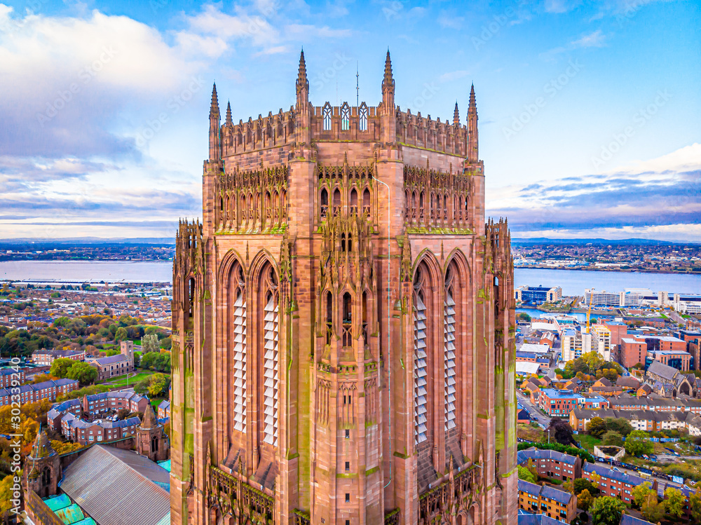 Aerial view of Liverpool Cathedral in the morning, UK - obrazy, fototapety, plakaty 