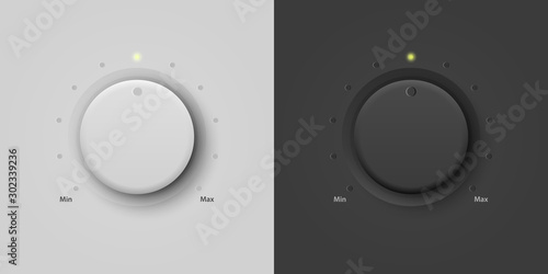 Vector 3d Realistic White and Black Plastic Knob Icon Set. Design Template of Circle Button Closeup. Circular processing, Power Volume Playback Control, Mininmum, Maximum. Stock Vector Illustration