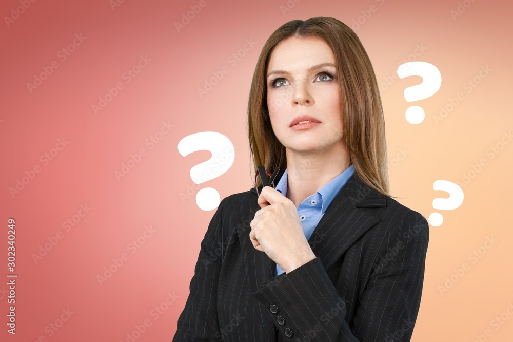 Question woman apron attractive beautiful beauty on background Question woman apron attractive beautiful beauty on background
