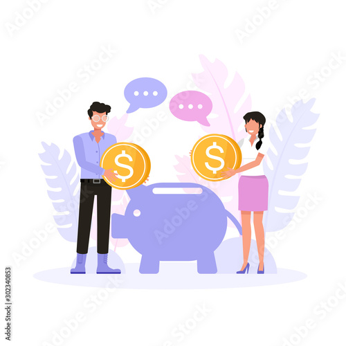 Happy man and woman saving money for the future. Character vector design.