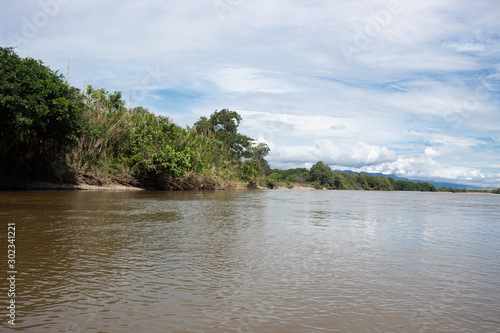 Magdalena River in sunny day with green trees and bushes  clouds and blue sky at background near to Aipe town  Huila Colombia