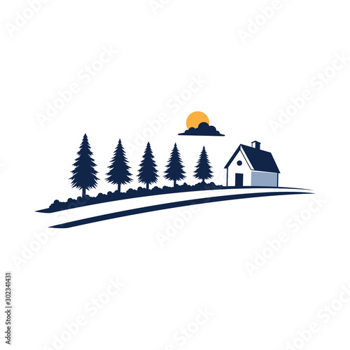 cottage home stay with small road and line up of pine tree toward to it vector logo design