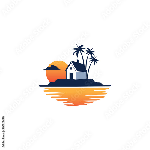 solitary cottage home stay in the island beach of country side village with sunset behind vector logo design