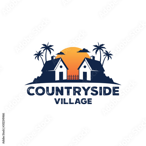 two cottage face up each other in the island of country side village with sunset behind vector logo design