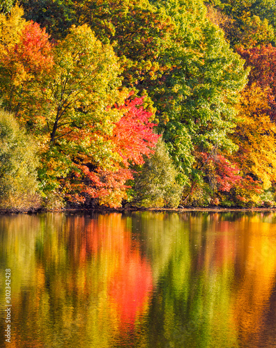 East coast in autumn leaf peeping fall leaves reflected in lake