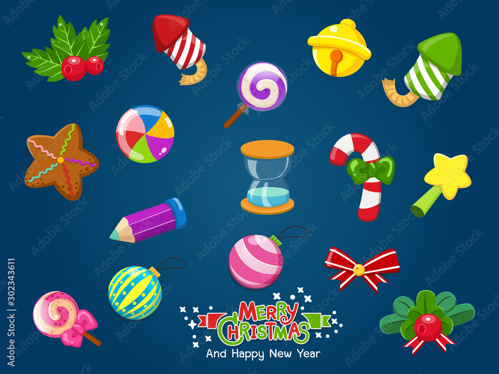 Set of Christmas icons Gifts decorate. Celebration event for Merry Christmas and New Year. Vector clipart illustration on color background