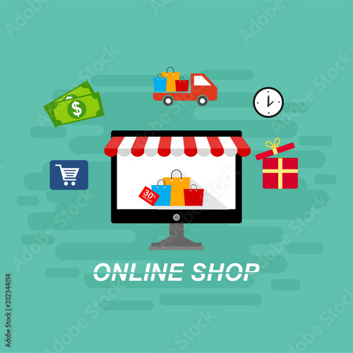 Online shopping concept desktop with computer, table, shopping bags, credit cards, coupons and products. Vector illustration for web banner, business presentation, advertising material.