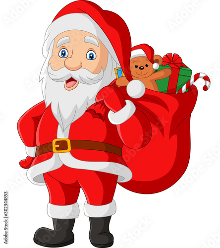 Cartoon Santa Claus carrying a bag of the presents