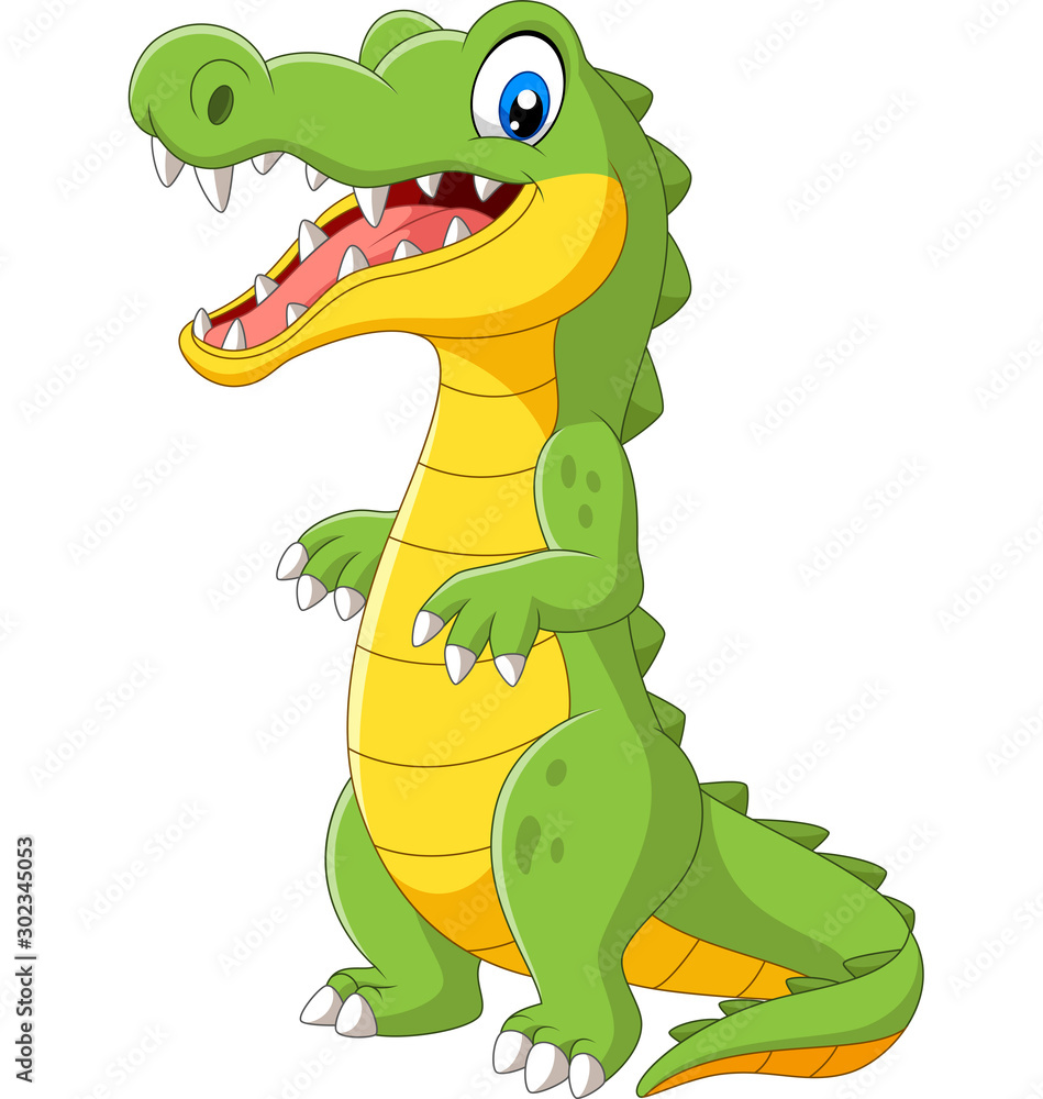 Fototapeta premium Cartoon cute crocodile standing on white background