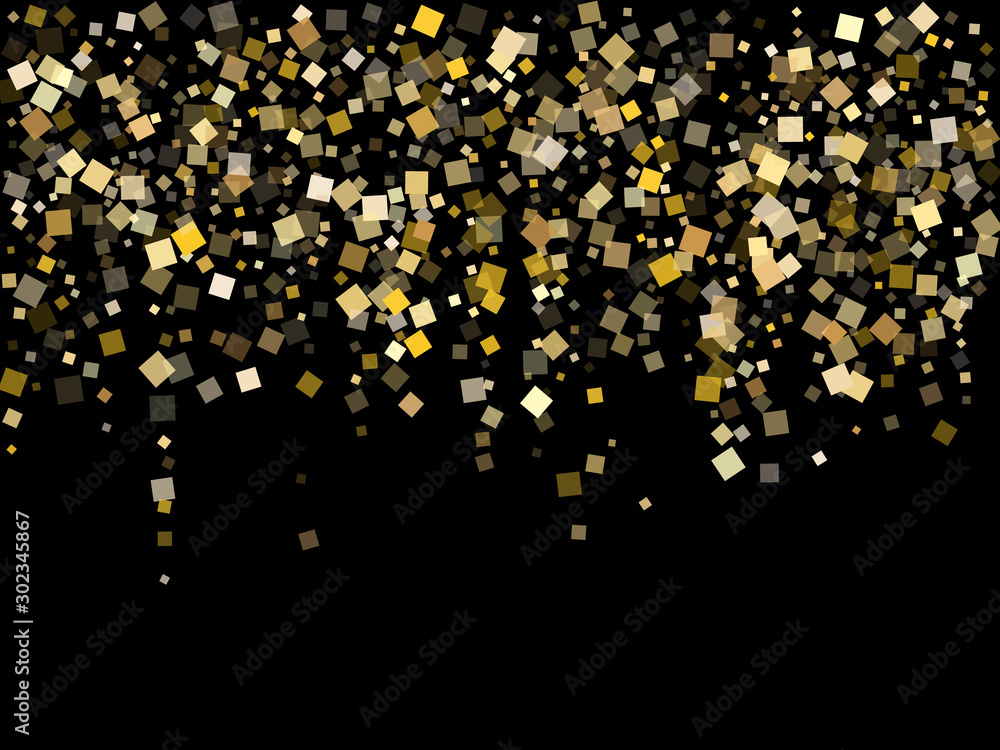 Abstract gold confetti sequins tinsels flying on black. Luxurious holiday vector sequins background. Gold foil confetti party decoration texture. Light dust particles party background.