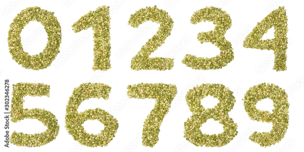 Arabic numerals   from freshly  green chopped peas  on a white isolated background. Food pattern made from peas. bright  numeral for design. pea cereal