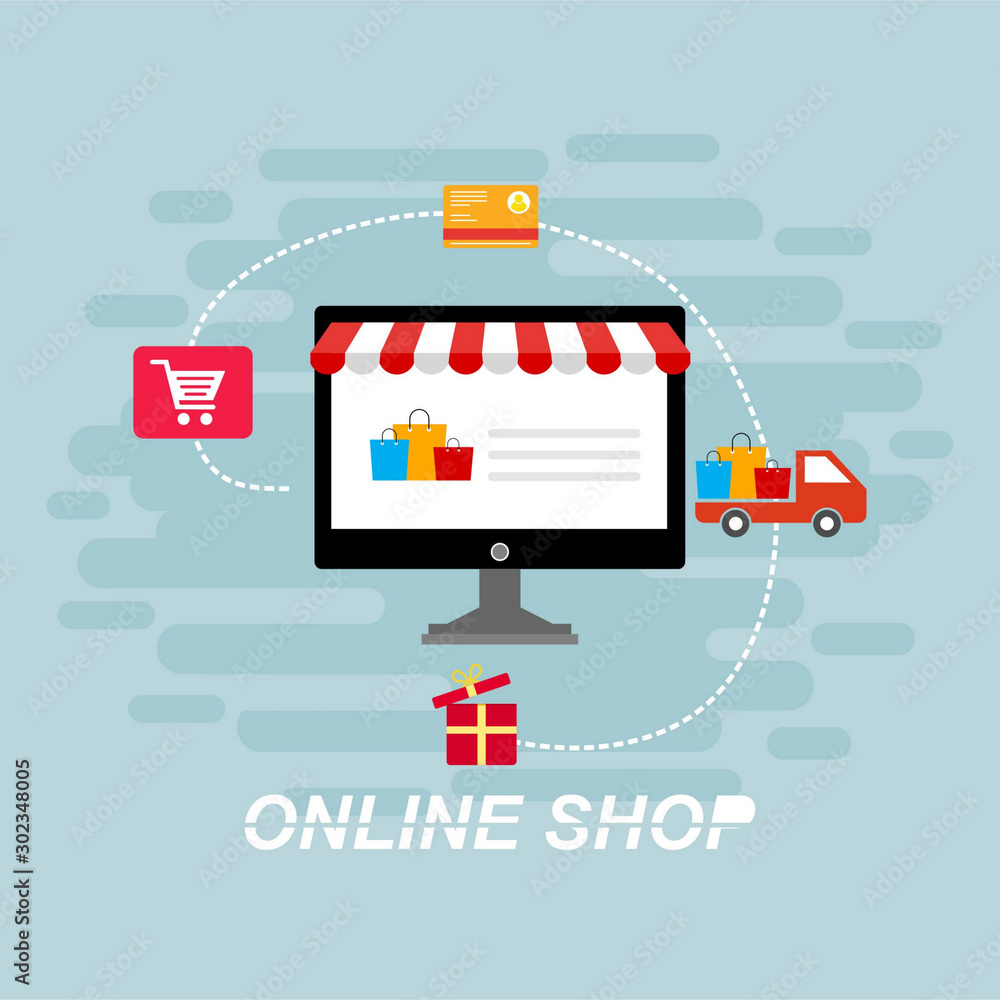 Fototapeta premium Online shopping app: gifts, shopping items, credit cards and discount. easy to use and highly customizable. Modern vector illustration