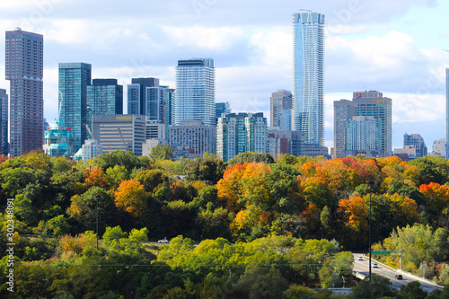 City skyline with trees and urban park