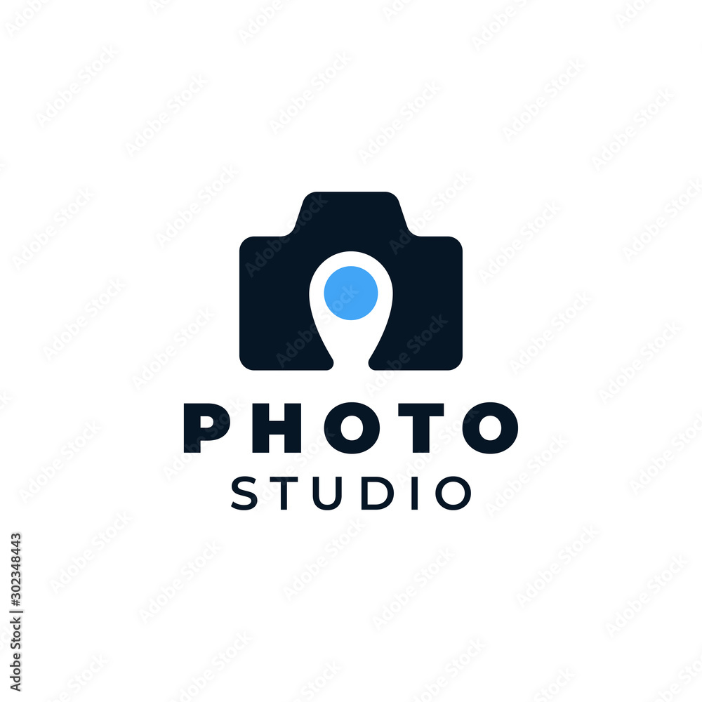 Camera with placeholder pin silhouette concept illustration for logo template design. Camera with placeholder pin silhouette concept illustration for logo template design.