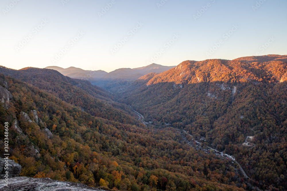 View from Chimney Rock of Hickory Nut Gorge, North Carolina at Sunset in the Fall