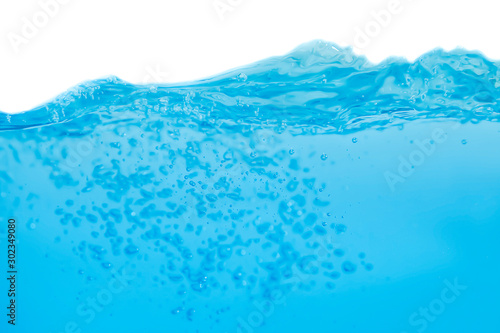 Water splash and air bubbles isolated over white background. Blue water wave hydrate abstract art and splash craft are drop, liquid bubble flow fresh and splashing for copy space text World Water Day. © Phokin