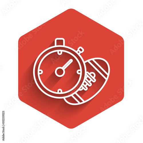 White line American Football ball and stopwatch icon isolated with long shadow. Set of sport equipment. Red hexagon button. Vector Illustration