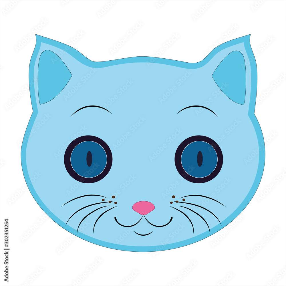 Obraz premium Flat drawing of a cat. An Emoji The face of a blue cat. Signs and symbols of the cat .Vector
