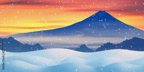 Fantasy on the theme of the mountain landscape, sunset. Winter in Japan, Mount Fuji. Vector illustration, EPS10