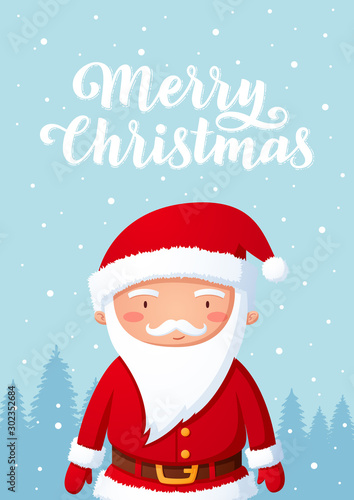 Smiling Santa Claus Christmas character standing on snow hill background cartoon style illustration with lettering © Saibarakova Ilona