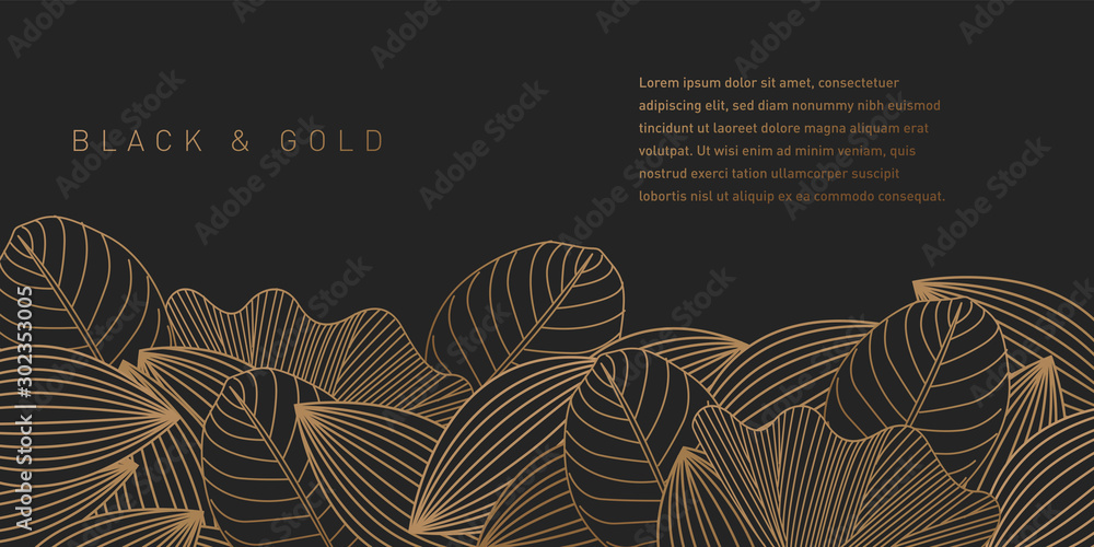 Fototapeta Black and Gold Leaves Pattern