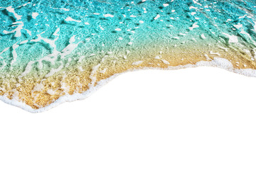 Blue sea wave tide pattern on white background isolated closeup top view, turquoise ocean water surf texture, summer holidays frame border, tropical vacation backdrop, travel banner design, copy space