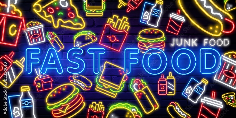 Food and drink neon sign. Fast junk Food vector set. Big Burger, Hot Taco, Hot Pizza, Hot Dog. Neon sign, bright signboard, light banner. shine panel