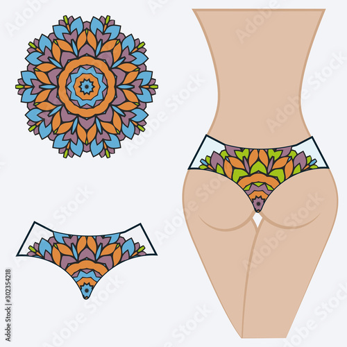 Woman panties briefs with mandala print. Flat vector iluustration. Fashion design.