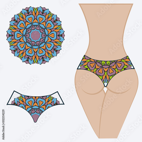 decorative women's pants with a floral pattern. Vector illustration. Fashionable print. An example of a design on a mannequin