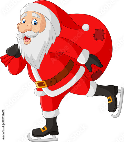 Cartoon santa claus skater carrying a bag of gifts