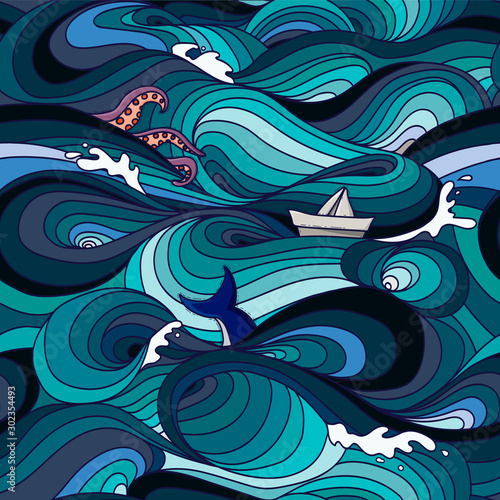 sea pattern with waves, tentacles, paper boat and whale tail