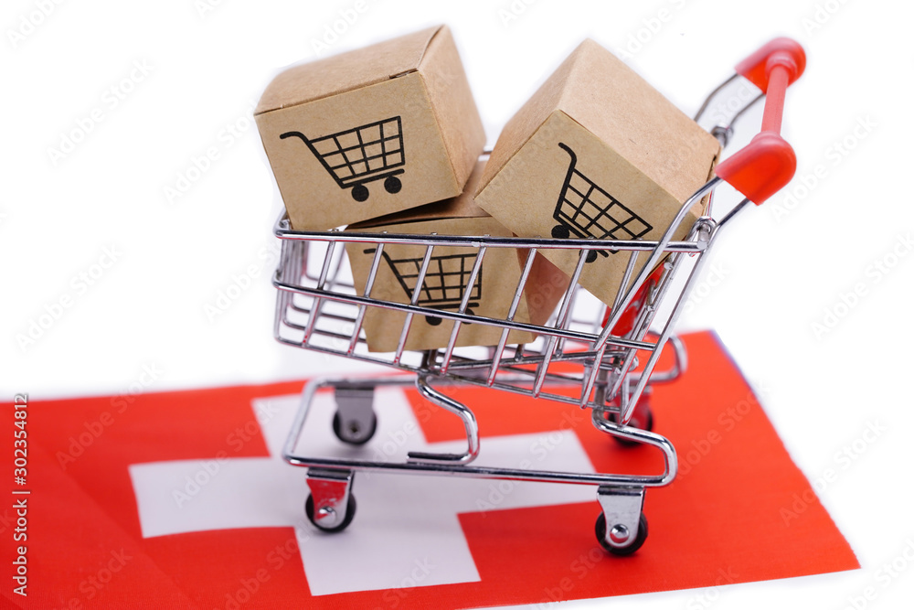 Box with shopping cart logo and Switcherland flag : Import Export Shopping online or eCommerce finance delivery service store product shipping, trade, supplier concept..