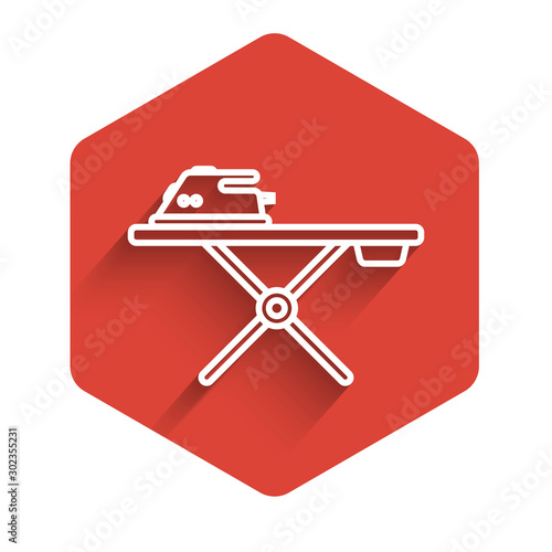 White line Electric iron and ironing board icon isolated with long shadow. Steam iron. Red hexagon button. Vector Illustration