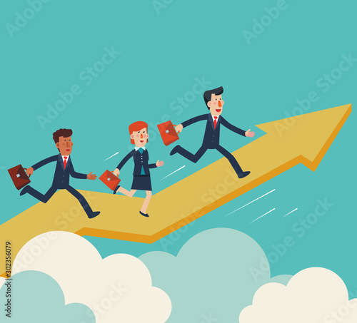 Business people running up on the growing graph arrow. Business success vector concept