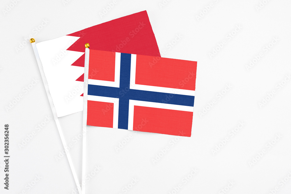 Norway and Bahrain stick flags on white background. High quality fabric, miniature national flag. Peaceful global concept.White floor for copy space.