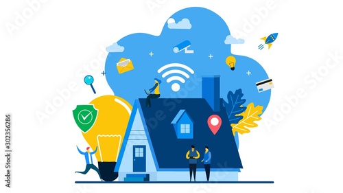 Concept home with technology system.Smart home control concept with Tiny People Character Concept Vector Illustration, Suitable For web landing page,Wallpaper, Background,banner,Book Illustration