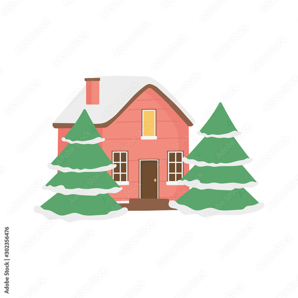 cute house and trees with snow decoration christmas