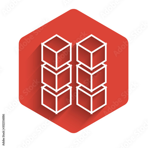 White line Blockchain technology icon isolated with long shadow. Cryptocurrency data. Abstract geometric block chain network technology business. Red hexagon button. Vector Illustration