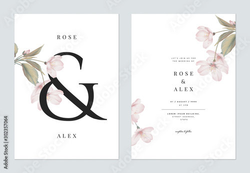 Floral wedding invitation card template design, Somei Yoshino sakura flowers with leaves with ampersand lettering on white, pastel vintage theme photo
