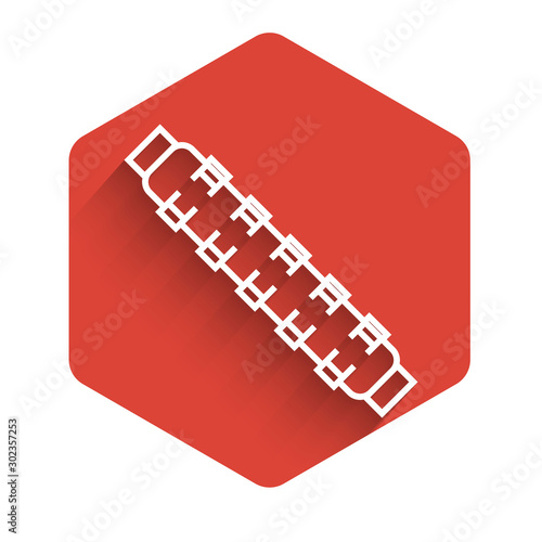 White line Hunting cartridge belt with cartridges icon isolated with long shadow. Bandolier sign. Hunter equipment, armament. Red hexagon button. Vector Illustration