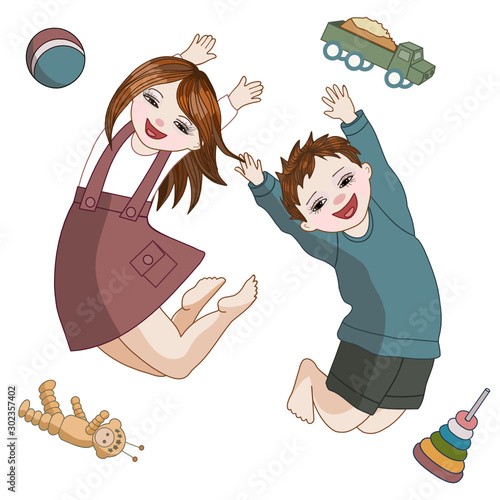 Happy boy and  jumping for joy surrounded by toys, color vector clip art on white isolated background