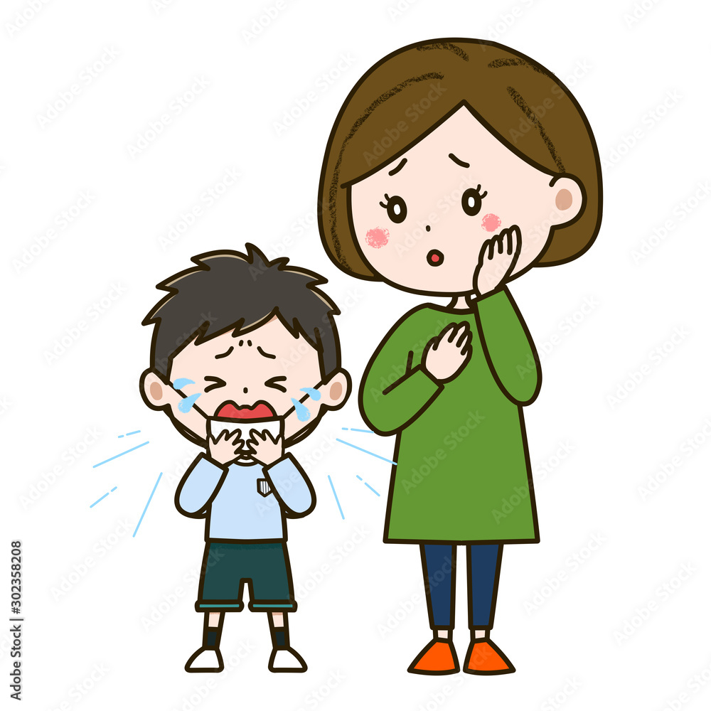 風邪をひいた男の子と心配そうな母親 イラスト Stock Illustration Adobe Stock