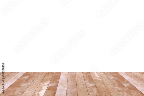 Wood table top isolated on white background. Used for product placement or montage. © Ekkachai